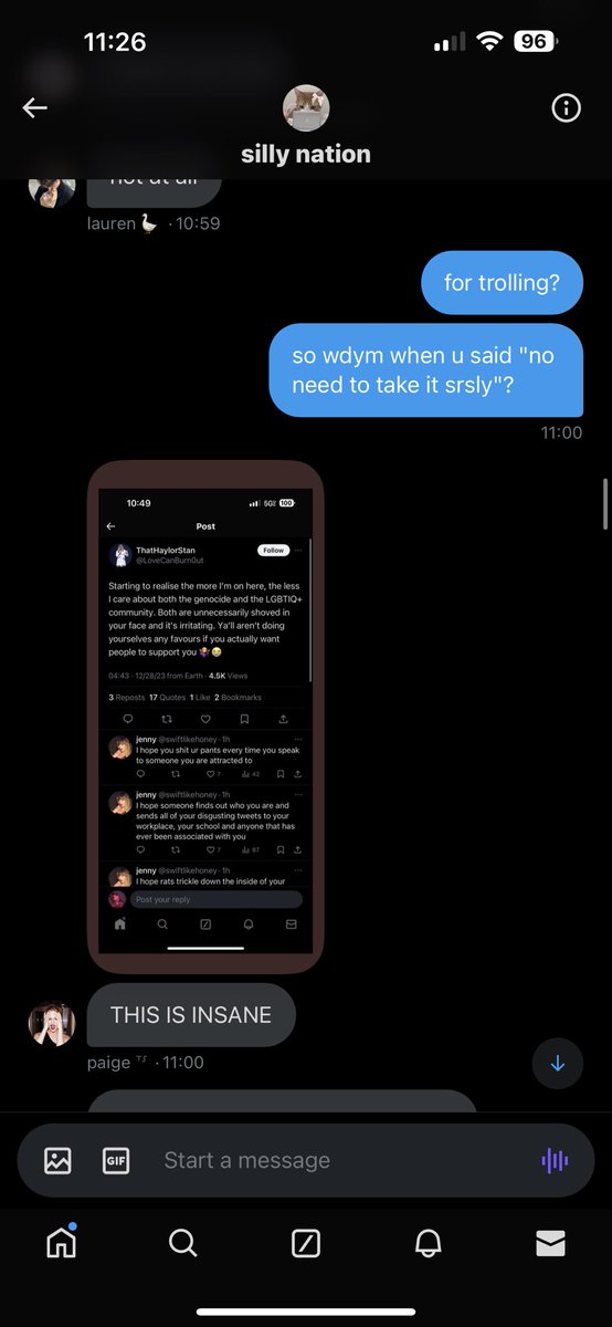 theonlyjennyevr's tweet photo. i dont want to do this but @Swiftiegagged is a 14-year-old who doesn't understand how using a slur can be harmful, so i hope u guys don't send him hate or anything. just block or sb, even. here are the ss of our group chat. https://t.co/k3d0ZWQVEv