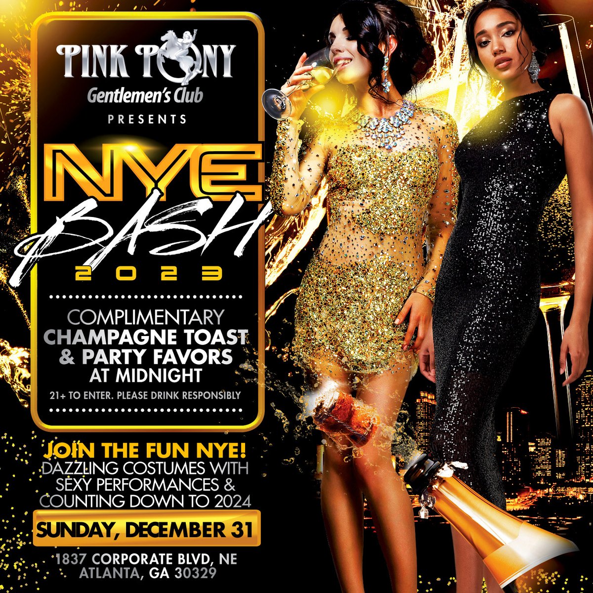 Ring in 2024 with a #night2remember this Sunday night NEW YEARS EVE Party at the world-famous Pink Pony Gentlemen’s club w/ free champagne toast @ midnight #pinkponyatl #atlnightlife #pinkpony #saturday #atlanta #newyearseve2024 #Atlanta