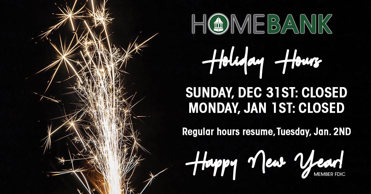 myHOMEBANK's tweet photo. Please note that we are CLOSED on New Year's Day. Make sure to get your last minute banking needs taken care of before the holiday! Remember, you can always utilize our online banking at https://t.co/zA3R9hNHaD or use the mobile app! #tistheseason 

HOMEBANK, MEMBER FDIC https://t.co/wuHHynGupW