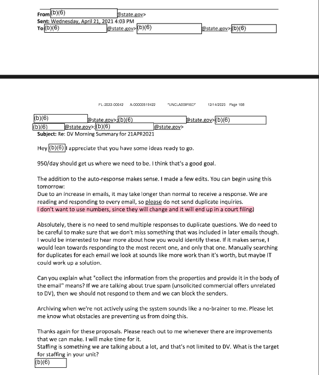 curtismorrison's tweet photo. As expected, here's evidence that the lack of @statedept transparency regarding DV program is tied to fear "...it will end up in a court filing." 4/6 https://t.co/4w4GMkdelJ