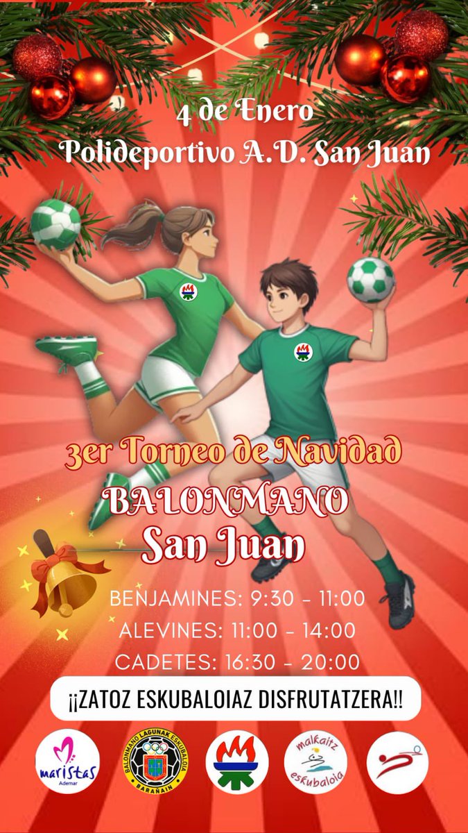 ADSanJuanDKE's tweet photo. 🤾‍♀️ #Balonmano | El 4 de enero celebramos la III Edición del Torneo de Navidad

- 9:30h Benjamines
- 11:30h Alevines
- 16:30h Cadetes

📲 Consulta todos los partidos en la web del club.

➡️ https://t.co/79l8SyvNgO https://t.co/X4N6QhJO16