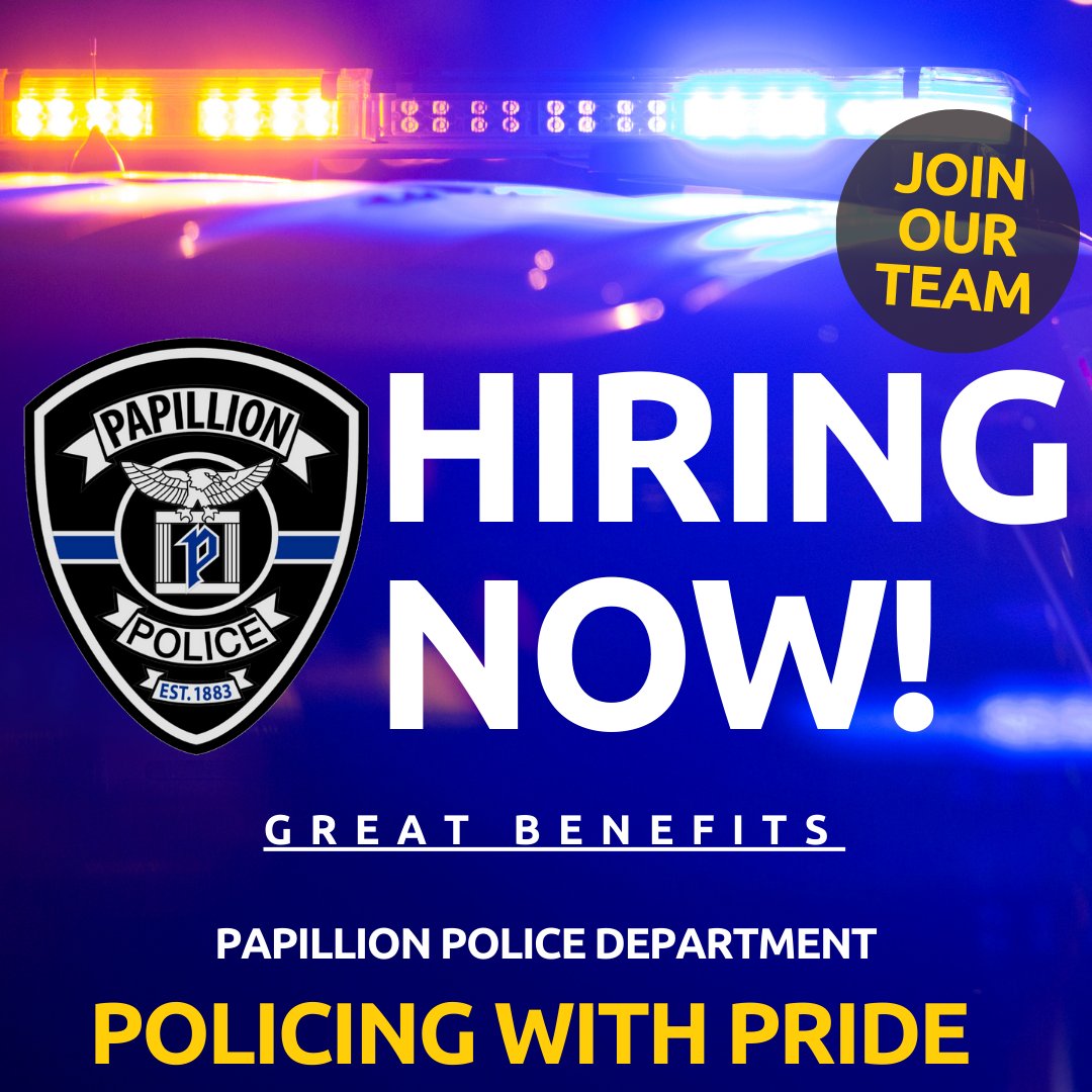 #POLICINGWITHPRIDE is the heart of who we are. . .
Now hiring for new AND lateral Police Officer positions.  Applications open-Jan 26, 2024. To apply, go to papillion.org/218/Human-Reso… &amp; click Applicant Portal.