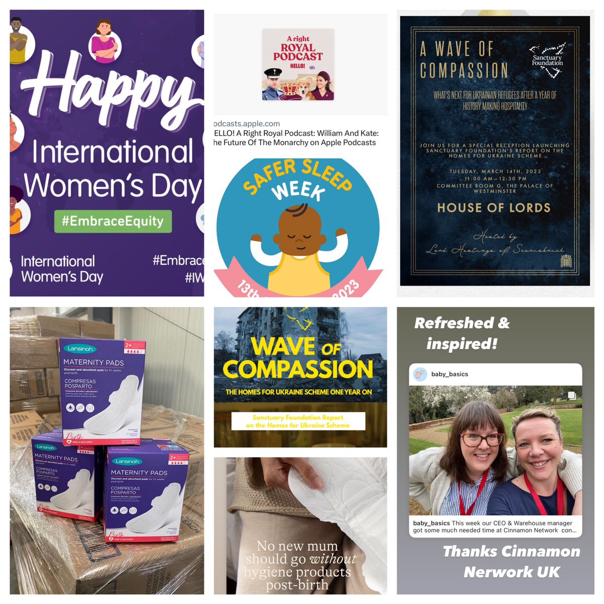 March 2023 - Int. Women’s Day & Safer Sleep Week, attended the House of Lords for Wave of Compassion - Ukraine 1yr, supported by @lansinohuk through the launch of their maternity pads & attended @CinnamonNetwork retreat & spoke to @hellomag about #ShapingUs (@revkatebottley)