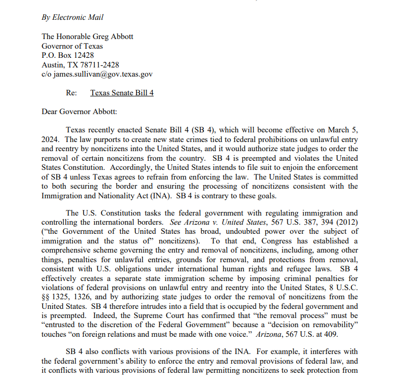 camiloreports's tweet photo. JUST IN -- The Biden administration has warned Texas that it will sue the state if it enforces SB4, a law signed by Gov. Abbott that would allow state officials to arrest, jail and prosecute migrants on illegal entry criminal charges, according to a letter obtained by CBS News. https://t.co/OolQGjn63t