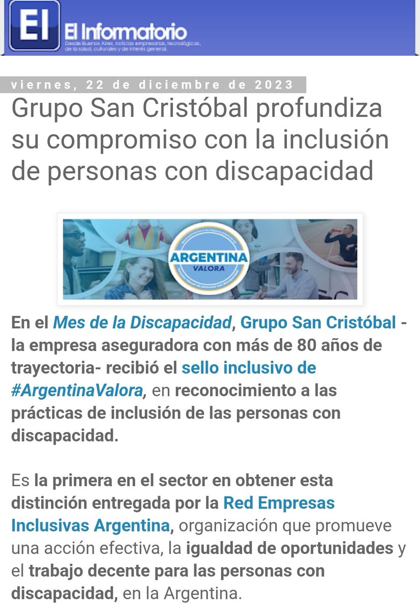 💻 Compartimos publicación de <a href="/elinformatorio/">El Informatorio</a> acerca del trabajo realizado en 2023 en materia de #inclusión personas con #discapacidad por nuestra fundadora #GrupoSanCristóbal, primera compañía en su rubro en obtener el Sello Inclusivo #ArgentinaValora.

elinformatorio.blogspot.com/2023/12/grupo-…