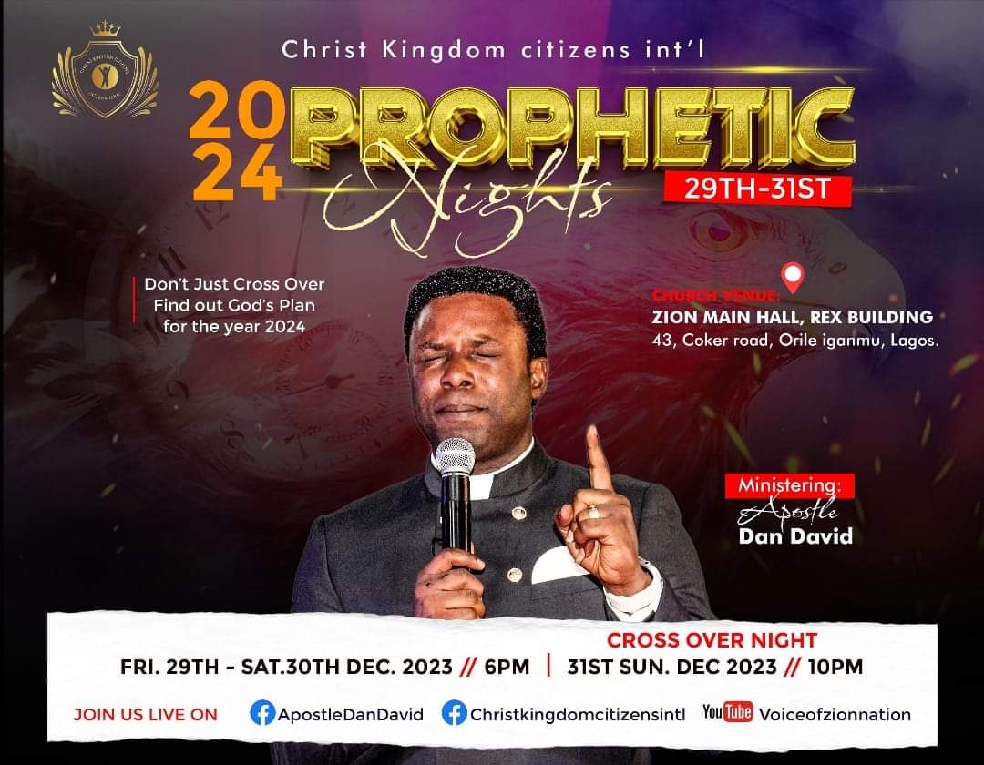 apostledandavid's tweet photo. Step into 2024 with Divine Clarity - Prophetic Night 2024! | Dec 29th - 31st
Join us for a transformative glimpse into the future. Experience powerful global, national, and personal prophecies for the year ahead.
Don't miss this chance to prepare for 2024 with divine insight! https://t.co/8EZbpmwZaq