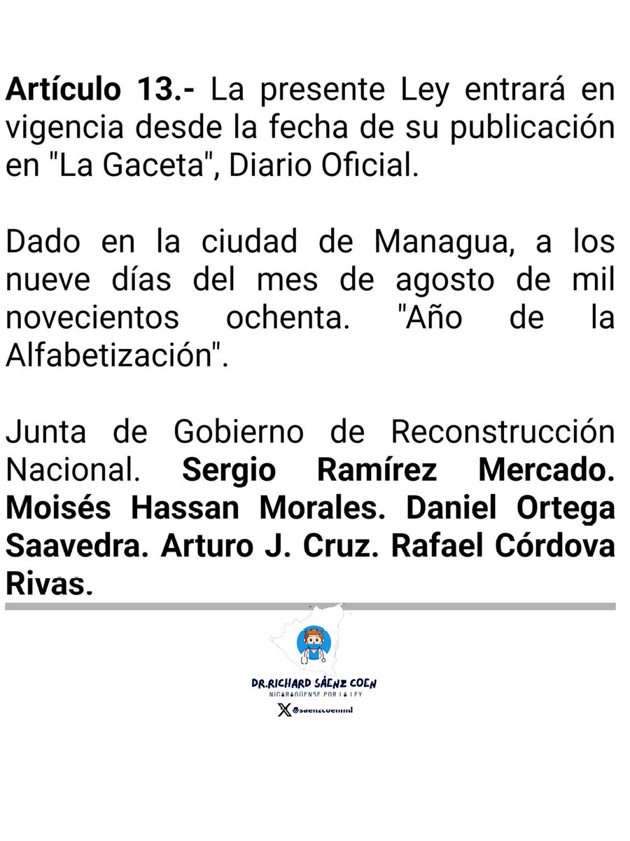 saenzcoenmd's tweet photo. El 9 de agosto de 1980, fue decretada la "Ley Orgánica del Ministerio del Interior", mediante el decreto de ley N° 485, dicha ley fue firmada por: Sergio Ramírez Mercado. Moisés Hassan Morales. Daniel Ortega Saavedra. Arturo J. Cruz. Rafael Córdova Rivas. https://t.co/506uCaziqe