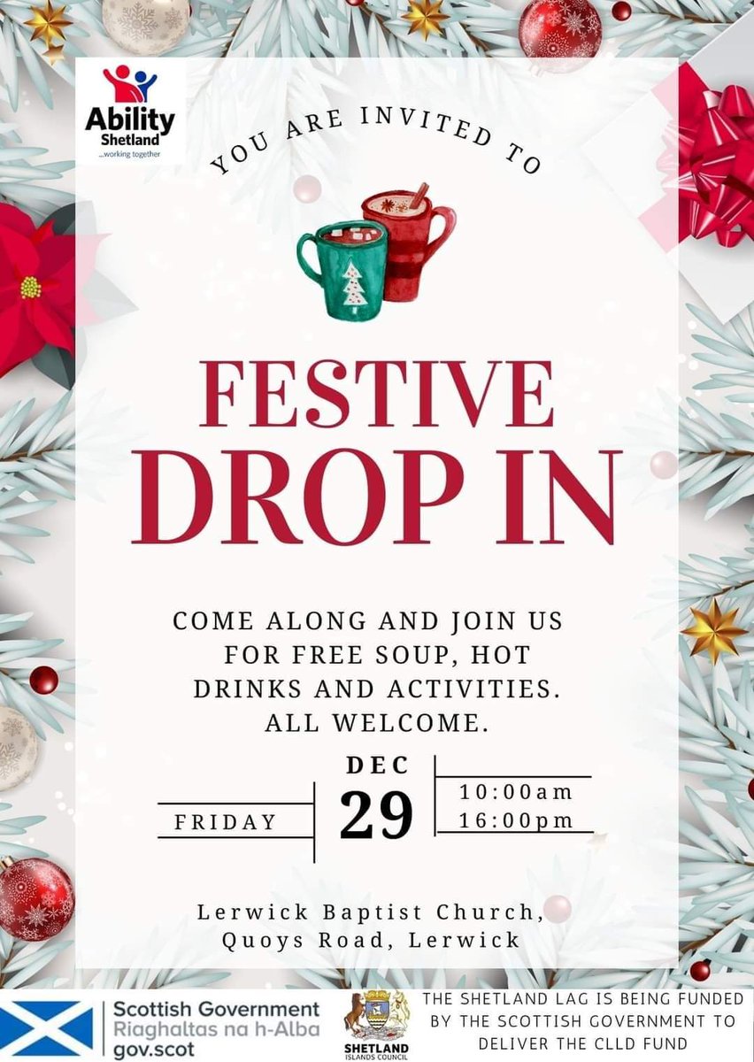 Our Festive Drop In is tomorrow. Come along and pop in anytime between 10am-4pm at Quoys Lerwick Baptist Church. Hot drinks all day and soup served at lunch time.
