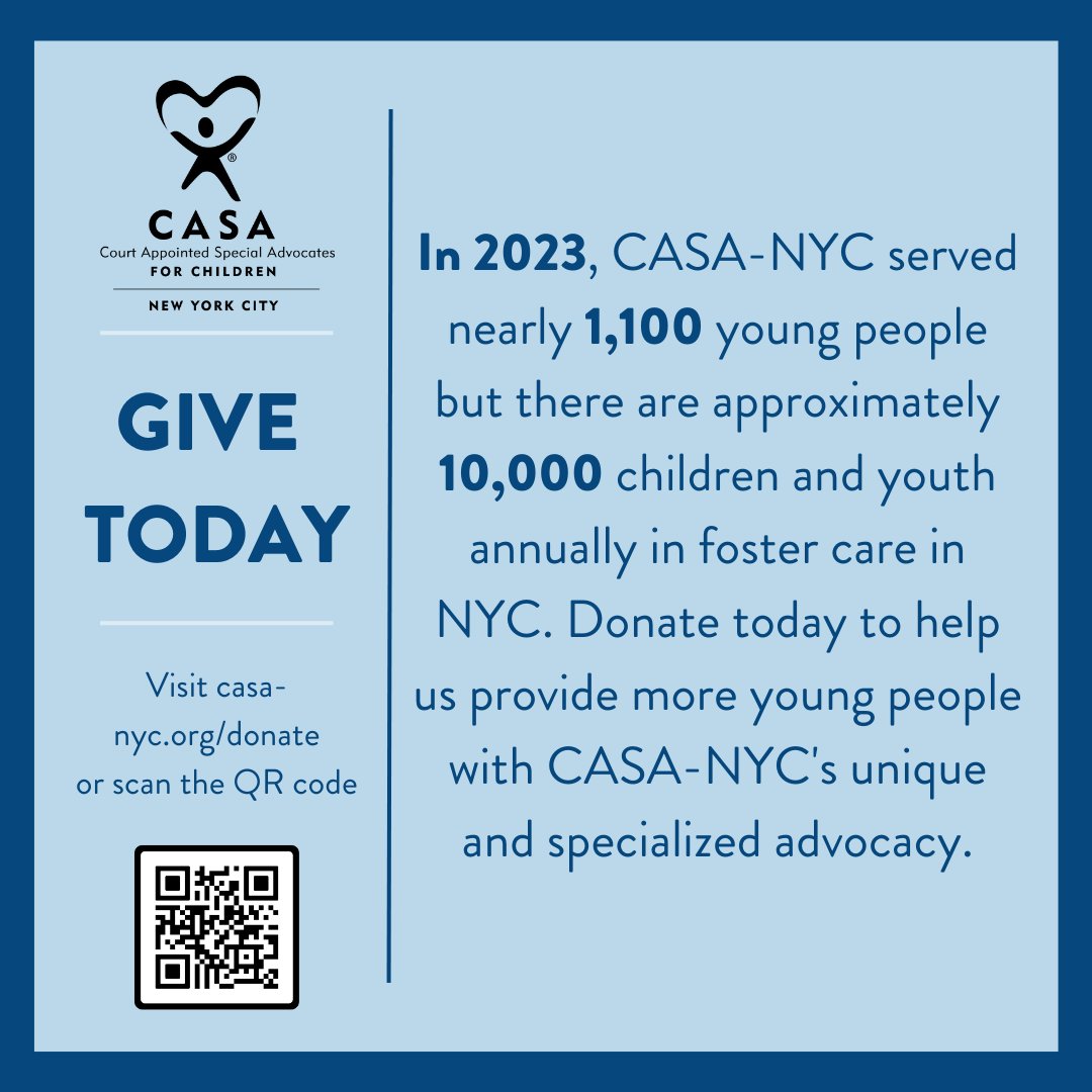 CASA_NYC's tweet photo. Thousands of children each year, unfortunately, find themselves navigating the tremendous challenges of foster care. With your support we can bridge this gap, reaching those who may otherwise fall through the cracks of the child welfare system. Please consider donating today. https://t.co/i9CISR8oua