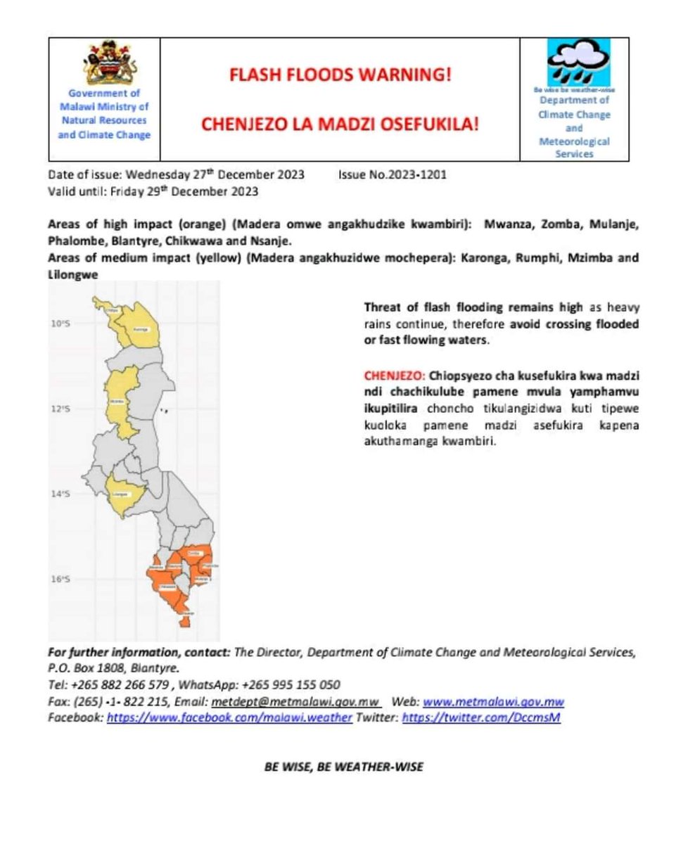 malatamathews's tweet photo. Flash flood warning :
Could be severe in 7 districts
#Phalombe, #Zomba, #Mulanje, #Blantyre, #Chikwawa, #Nsanje #Mwanza.
Could be moderare in 4 districts:
#Lilongwe #Mzimba #Karonga #Rumphi
Issued by the Department of Climate Change and Meteorological Services
#DRR
@UNDRR https://t.co/4rUV8OkM8v
