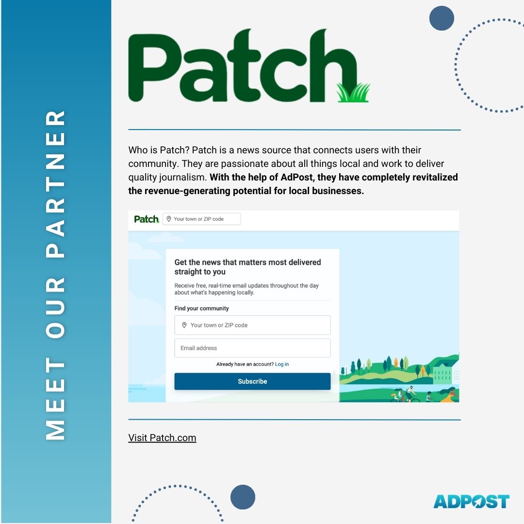 mybaseguidead's tweet image. Meet Patch! Patch specializes in ALL things local news.  They connect their users with personalized news updates, and we have enjoyed connecting them with local businesses to boost their monetization #DigitalPublication #DigitalMarketing #AdPost #Monetization