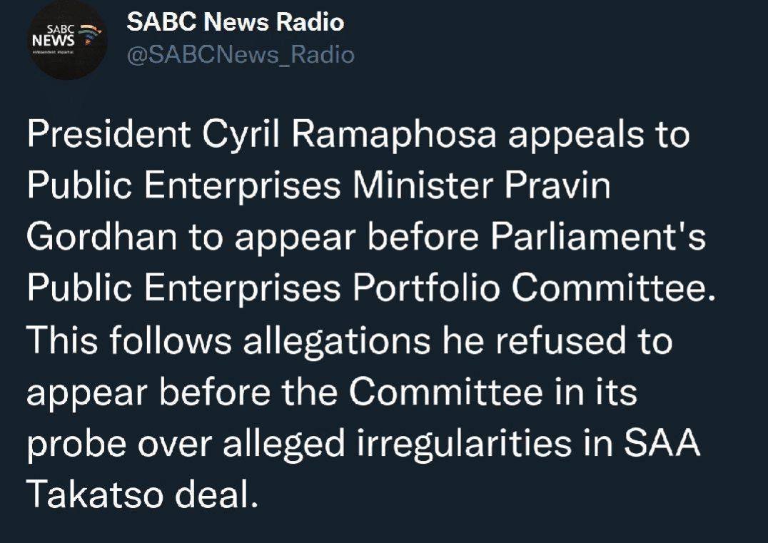 Gentlements's tweet photo. Ramaphosa begging Pravin Godhan to appear in Parliament committee after he refused to submit crucial documents regarding SAA sale. https://t.co/j7CfuEiiyq