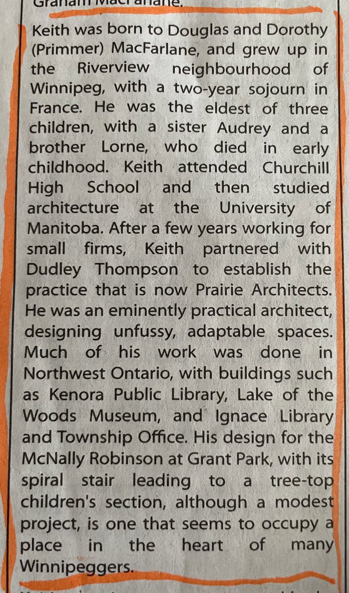 If you like the design of McNally Robinson at Grant Park - including the spiral staircase to the kid’s section - you have Keith MacFarlane to thank. He was an architect who designed it and others including the Kenora Public Library #RIP @WinnipegNews passages.winnipegfreepress.com/passage-detail…