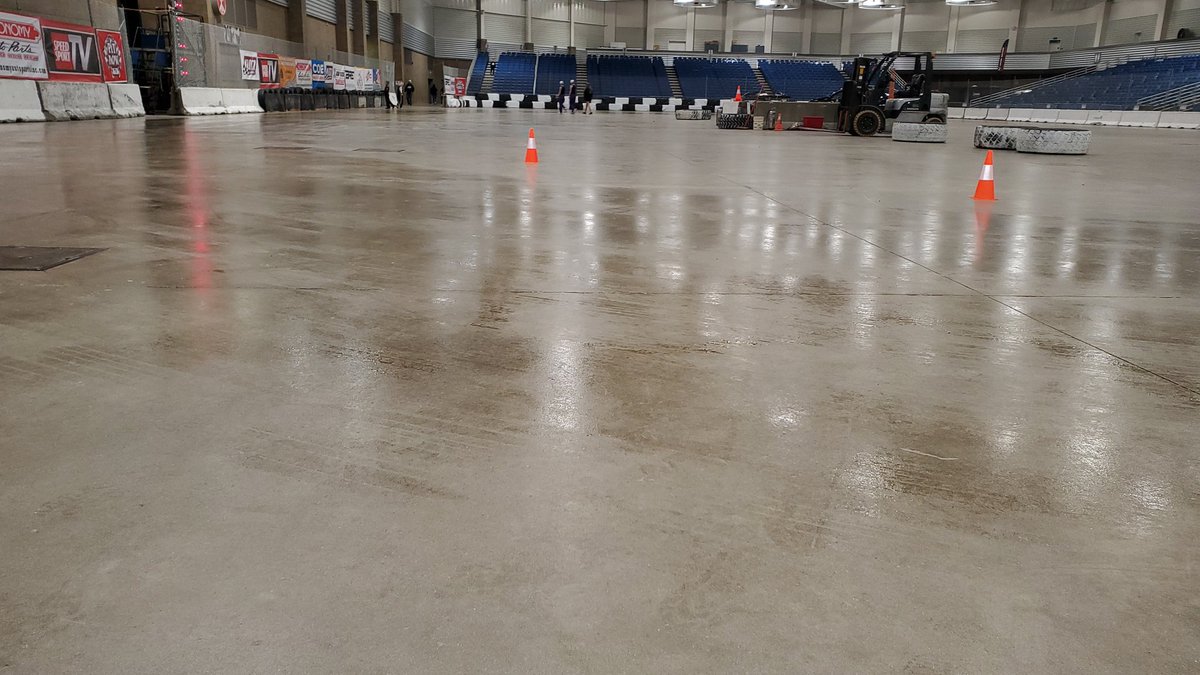 RUMBLEFORTWAYNE's tweet photo. Before the rubber is laid down, here's a peek at the "soda syrup" and concrete that combines to create the 1/7 mile oval that hosts the Rumble year in and year out. #Rumble25 https://t.co/F3FUyWC6Xa