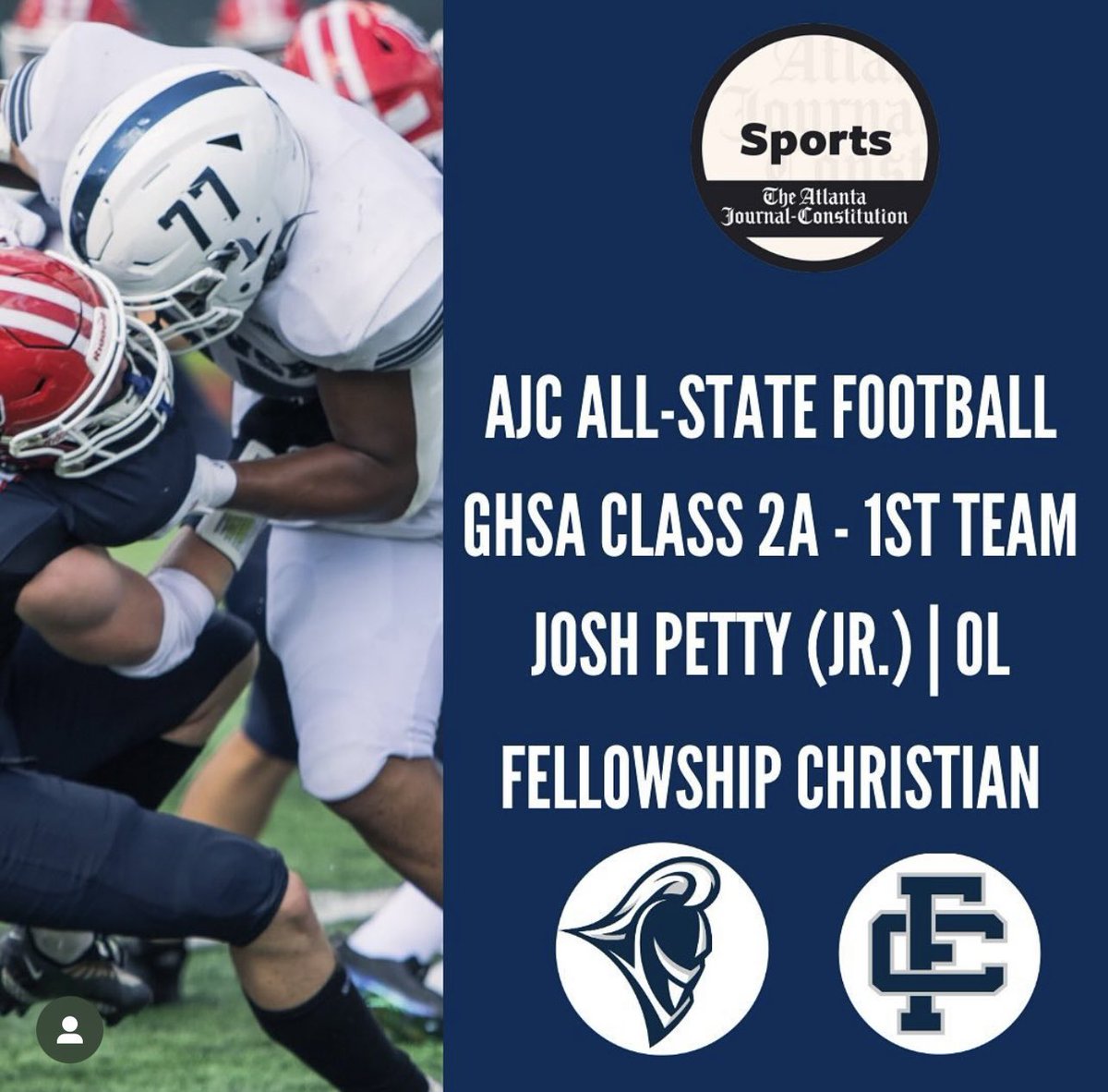 Thank you @AJCsports for First team all-state and selection to the North Fulton all metro team @RustyMansell_ @coachjakediesel @ChadSimmons_ @JeremyO_Johnson @adamgorney @RecruitGeorgia @PaladinsFCS @coachmitchler @velocity_fb @RyanWrightRNG @SWiltfong247 @Andrew_Ivins