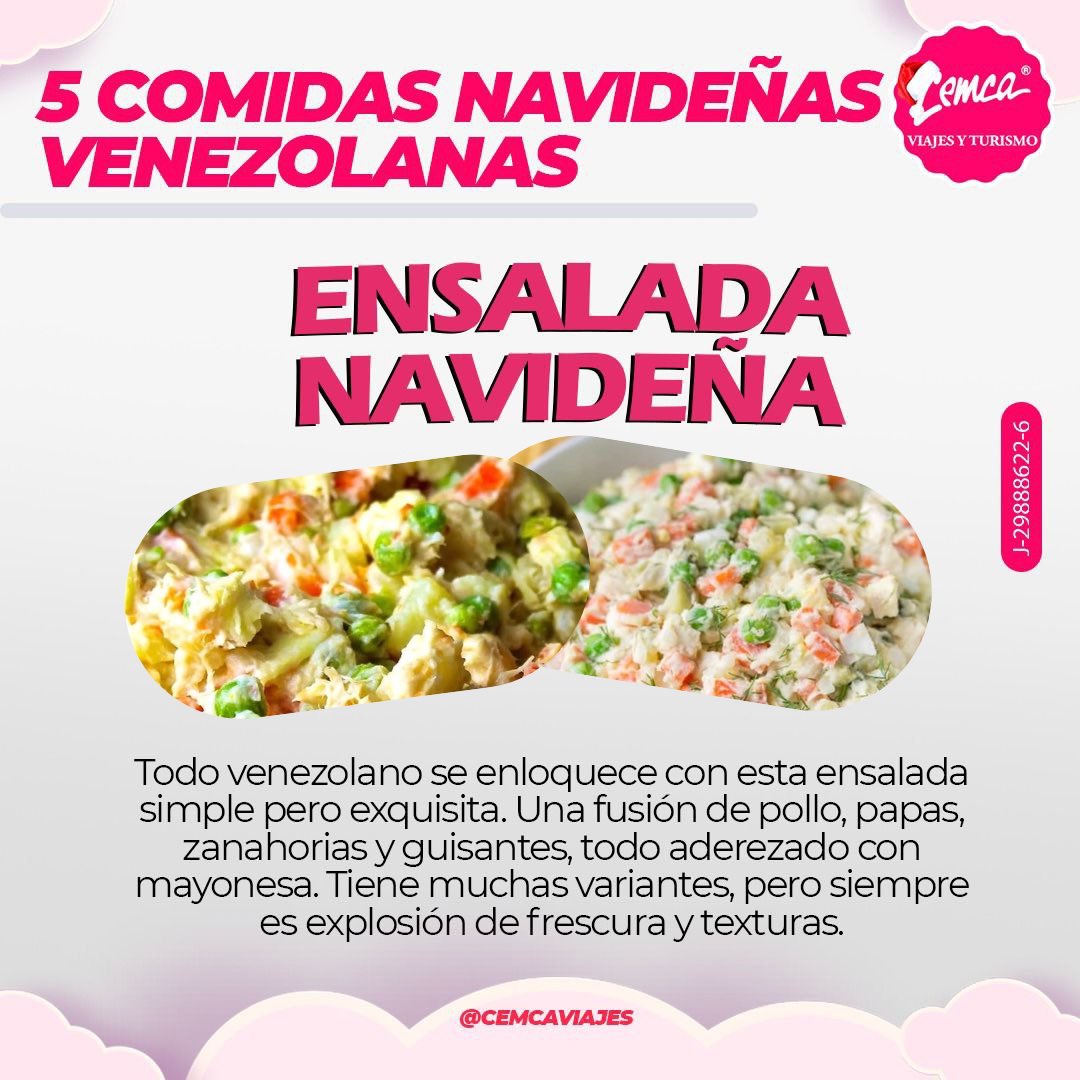 CemcaViajes's tweet photo. ¡Navidad y sus delicias! 🎄

En Venezuela, durante la época navideña, aparecen muchos platillos deliciosos 🤤🤤

Por eso, aquí les dejamos 5 comidas frecuentes en las mesas de las familia venezolanas durante la Navidad 🎊🍾 https://t.co/COX0j5k9mc
