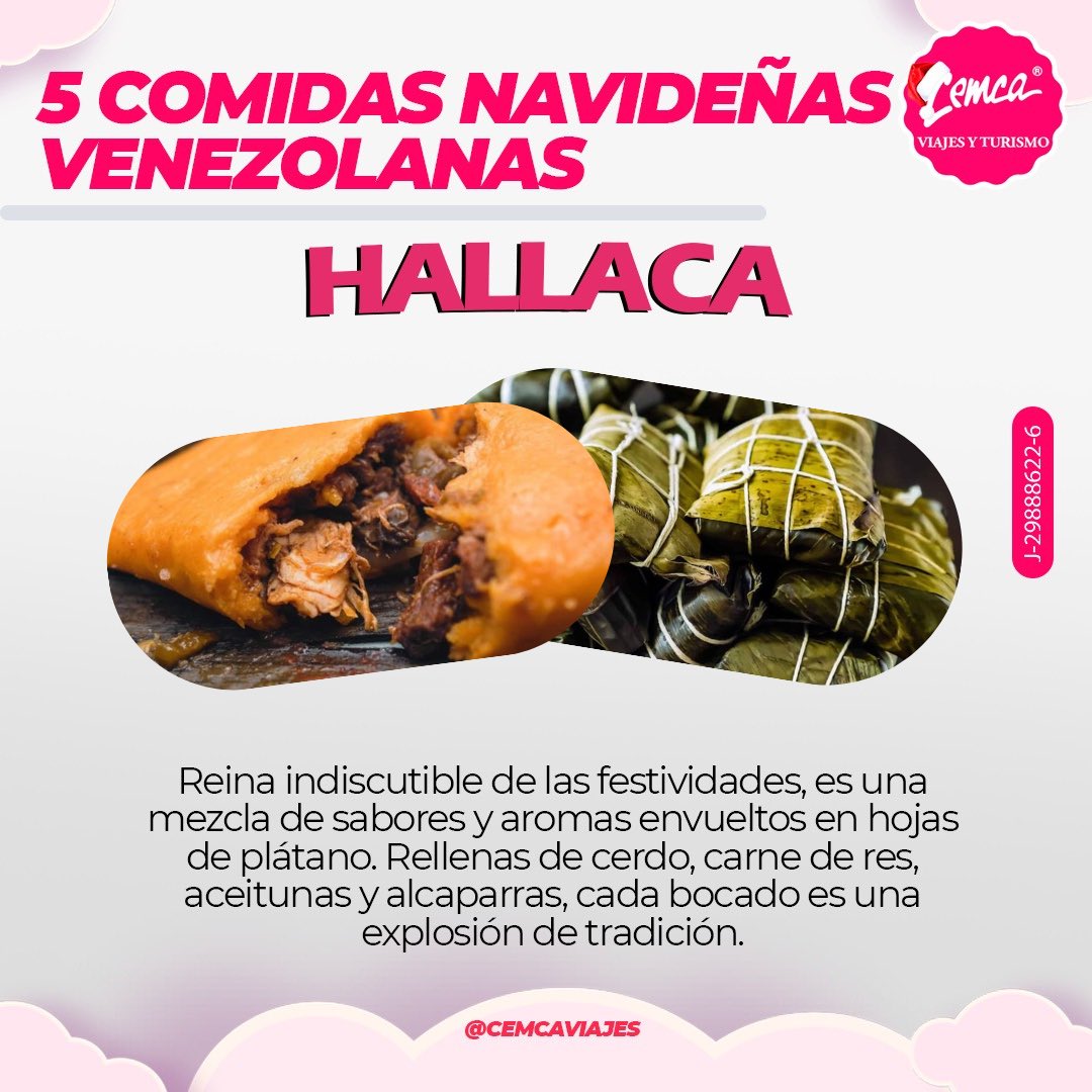 CemcaViajes's tweet photo. ¡Navidad y sus delicias! 🎄

En Venezuela, durante la época navideña, aparecen muchos platillos deliciosos 🤤🤤

Por eso, aquí les dejamos 5 comidas frecuentes en las mesas de las familia venezolanas durante la Navidad 🎊🍾 https://t.co/COX0j5k9mc