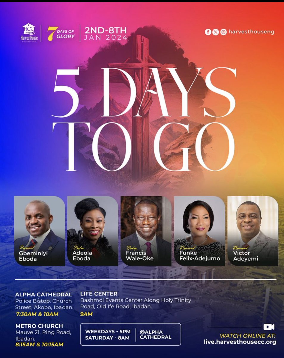 harvesthouseng's tweet photo. It is 5 days to January 2024 Days of Glory. It��s 5 Days to the beginning of a new start. We look forward to hosting you!
#HCCDoG
#HarvestHouseNation https://t.co/n4ocMiLiYt