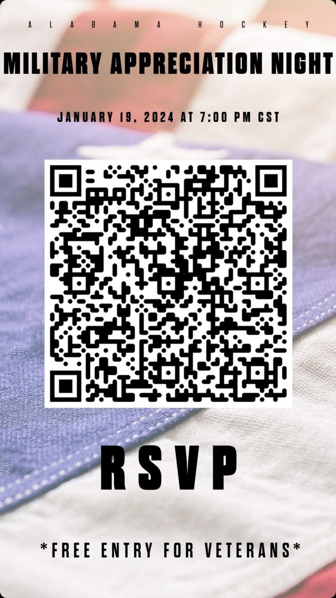 Join us in recognizing, honoring, and celebrating active duty members and Veterans at our Military Appreciation Night game on January 19th at 7:00 PM CST !! 🇺🇸🏒

🚨Open the QR code below to RSVP if you are an Active Duty member or Veteran planning to attend!🚨 

#RollTide #Bama