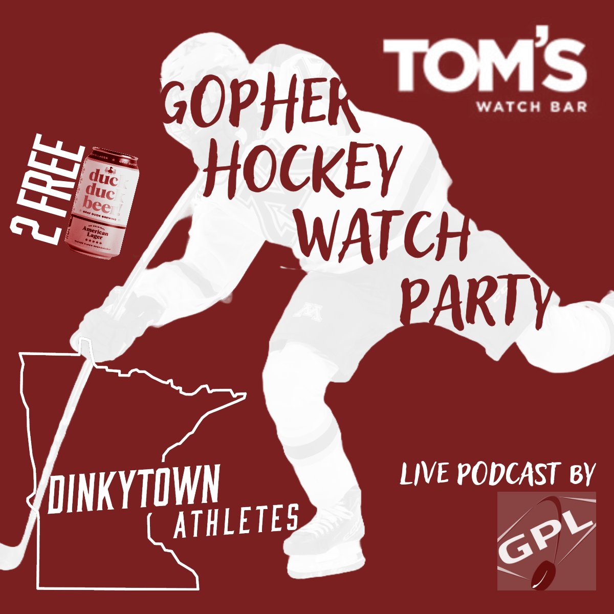 DTAthletes's tweet photo. 🎉🏒〽️Join us Monday 1/8/24 4:30pm〽️🏒🎉

🏒Official @GopherHockey pre-game &amp; watch party at @WatchAtToms🏒
🍻2 Free @grayduckspirits duck duck beers for anyone 21+🍻
🎧Live @GopherPuckLive podcast🎧
👕@DTAthletes giveaways👕 https://t.co/a4eZKnuqQ5