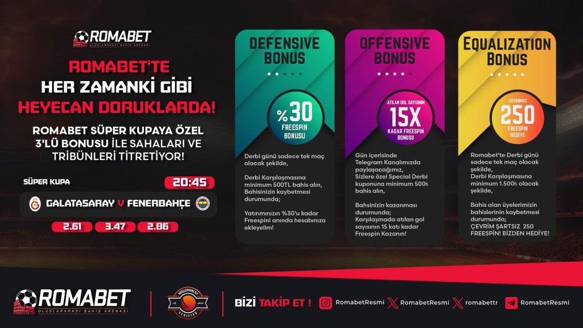 RomabetG's tweet photo. 🔥 ROMABET'TE HER ZAMANKİ GİBİ HEYECAN DORUKLARDA

👍 1. Defensive Bonus (Yatırımının %30'unu Güvende Tut)
👍 2. Offensive Bonus (Tüm Gücünle Saldır, Kazancını Katla)
👍 3. Equalization Bonus

#freespin #slot #spin Samet Aybaba Ronaldo #GSvFB Saras #ArkaSokaklar https://t.co/37oP3hsS3Y