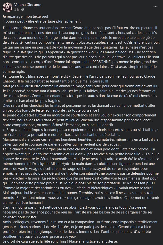 #Depardieu

« Un animal sauvage sans pitié pour ceux qui tremblent devant lui »

« La main dans la culotte d’une figurante pendant une prise… le visage de cette femme rouge de honte essayant de serrer ses jambes pour empêcher les gros doigts de Gérard de tripoter son intimité »