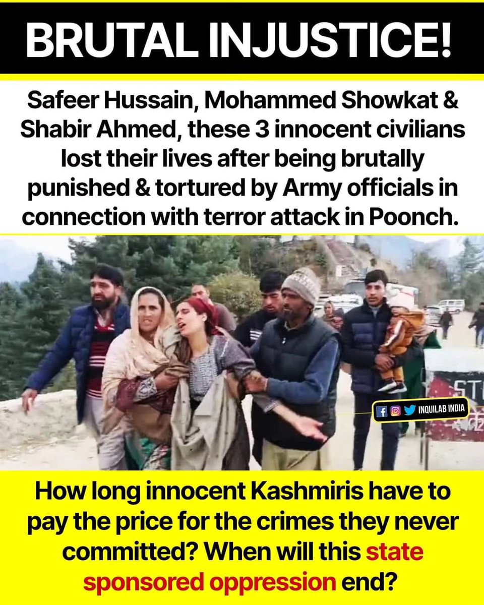 futureinbengal's tweet photo. Cruel injustice!!
1-Safe Hussain 2-Mohd Shaukat 3-Shabir Ahmed
These 3 innocent civilians lost their lives in brutal torture by army officials suspected of having links with the terror attack in Poonch.
When will state-sponsored operations end?"
#ShemOnModi
#AITCITSMCell https://t.co/cl5VGC366D