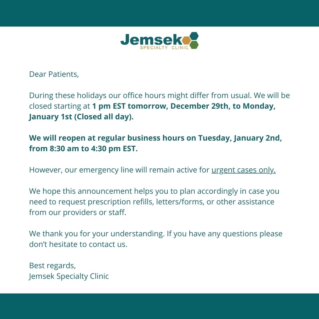 We would like to extend our warmest wishes to our patients for a happy and healthy New Year.  Cheers to 2024! 💚

Due to this upcoming holiday, our hours of operation might differ from usual.