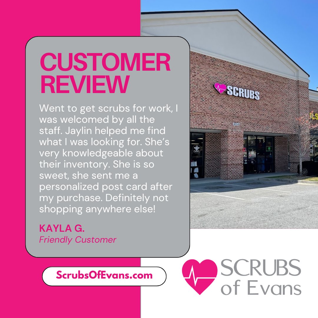 Raving Review: See what our customers are saying about us and our amazing staff!

Come Say Hi! We'd love to see you and help you find the perfect pair of scrubs that meets your needs!

📍 4158 Washington Road, Suite 7 Evans, GA 30809

#ScrubsOfEvans #EvansGA #scrubs #nurse