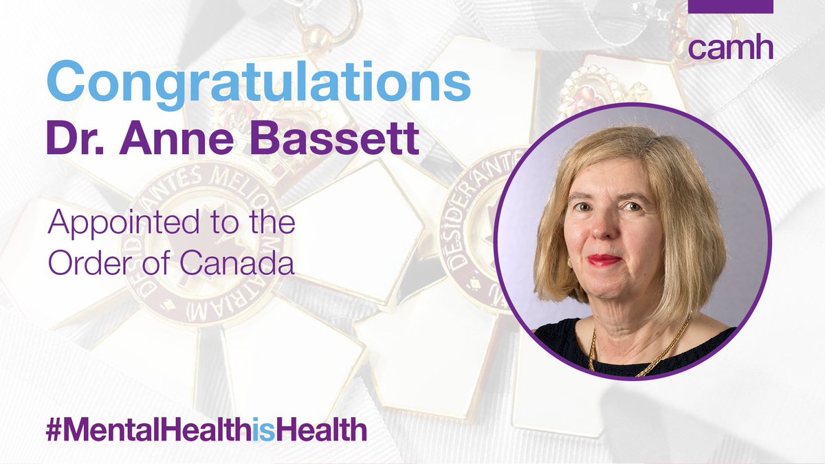 Congrats to Dr. Anne Bassett, who has been appointed to the Order of Canada for her remarkable career in #schizophrenia and #genetics, including her work studying the first genetic subtype of #schizophrenia.

The #OrderOfCanada is the 2nd highest civilian honour for merit.