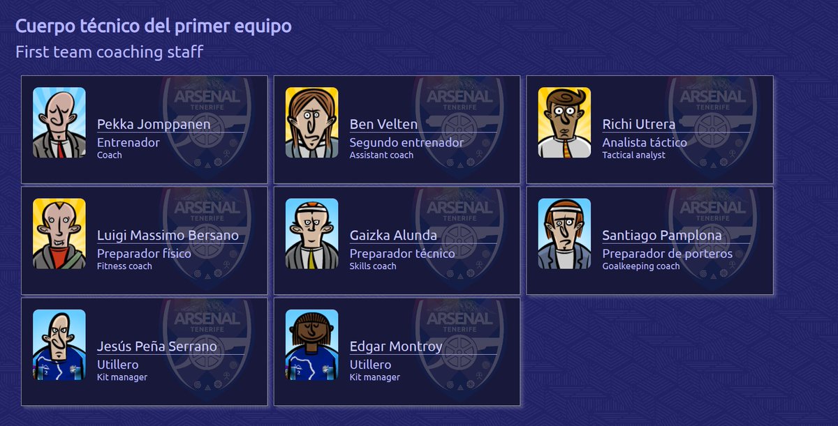 ArsenalTfe's tweet photo. So I think it's a good time to present #HattrickCommunity our staff:
Our coach Pekka Jomppanen is well helped by the home-grown assistant coach Ben Velten. Utrera, Bersano, Alunda and Pamplona are the other technical members, plus both kit managers. https://t.co/OL4PYtWryn