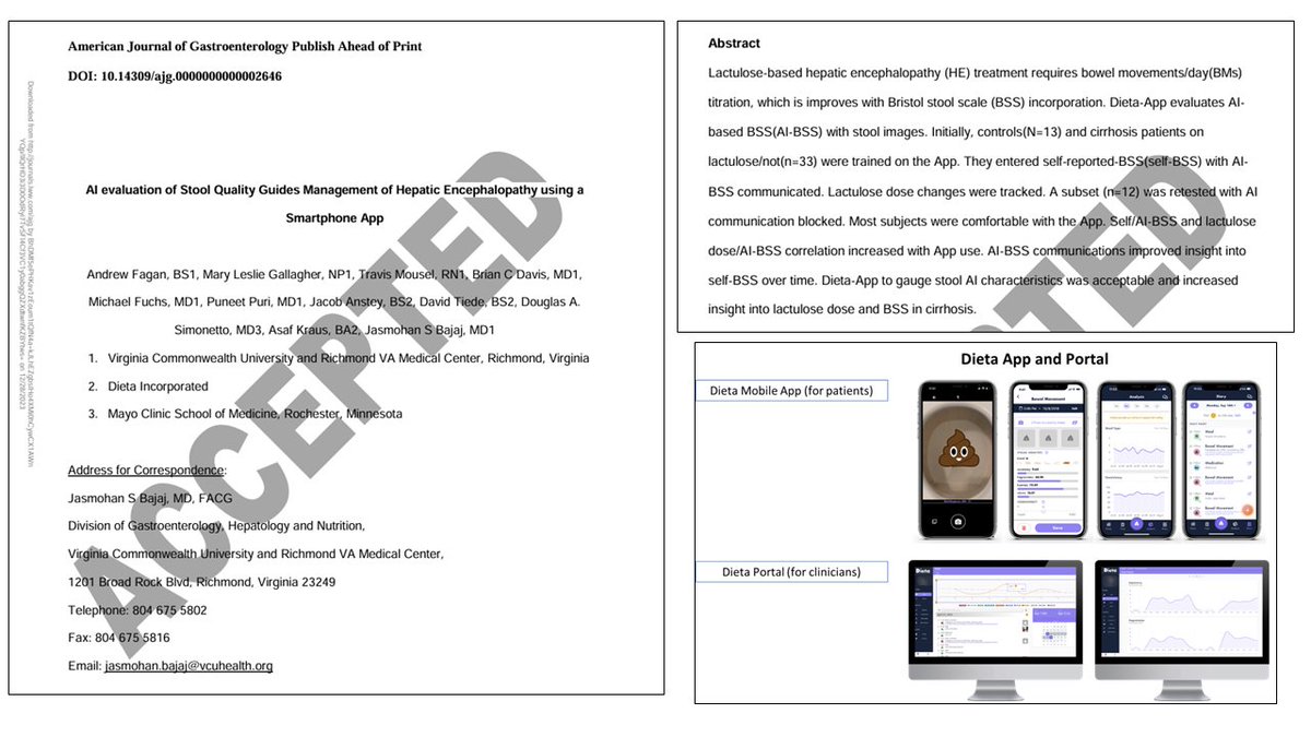JasmohanBajaj's tweet image. In #hepaticencephalopathy charting 💩is a challenge! Esp. the #BristolStoolScale➡️bitly.ws/37KJ2

Using the @DietaHealth #AI App @AmJGastro 
🔑#cirrhosis pts were OK taking 💩📸
🔑pts got trained on it 
🔑AI-input ✅titrate #lactulose dose 

Read➡️bitly.ws/37Jzn