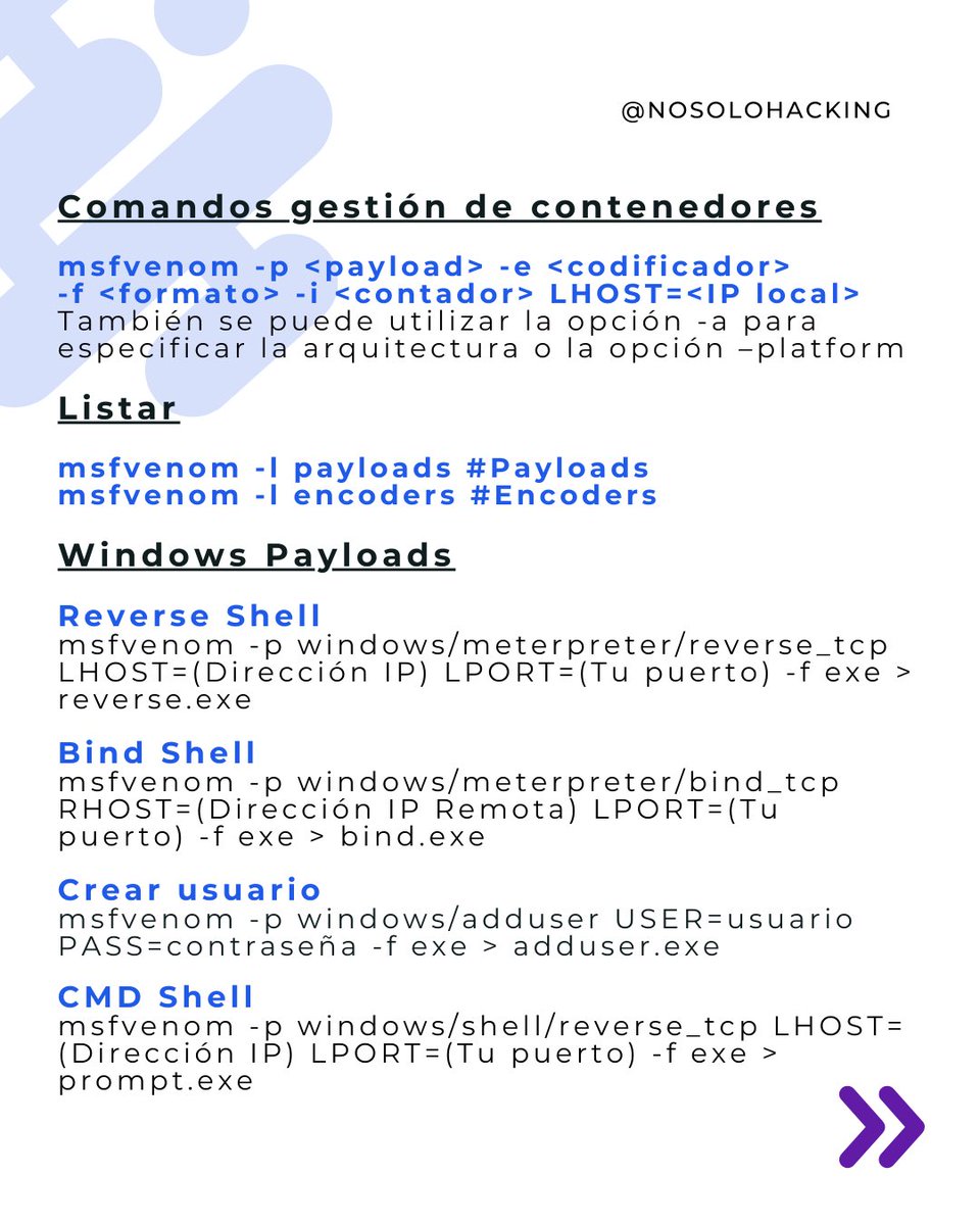 nosolohacking's tweet photo. Usos y sintaxis de comandos msfvenom.
#nosolohacking #sisadmin #msfvenom #devops #sysadmin #comandos #hacking #eticalhacking #tecnologia #informatica #tipsinformaticos #pentest #seguridad #seguridadit #windows #linux #macos #kali #kalilinux #payload https://t.co/hrdPErlmtX