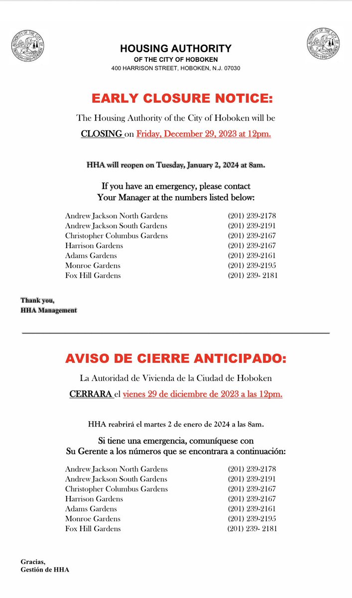 Early closing Notice|| Aviso de Cierre Anticipado