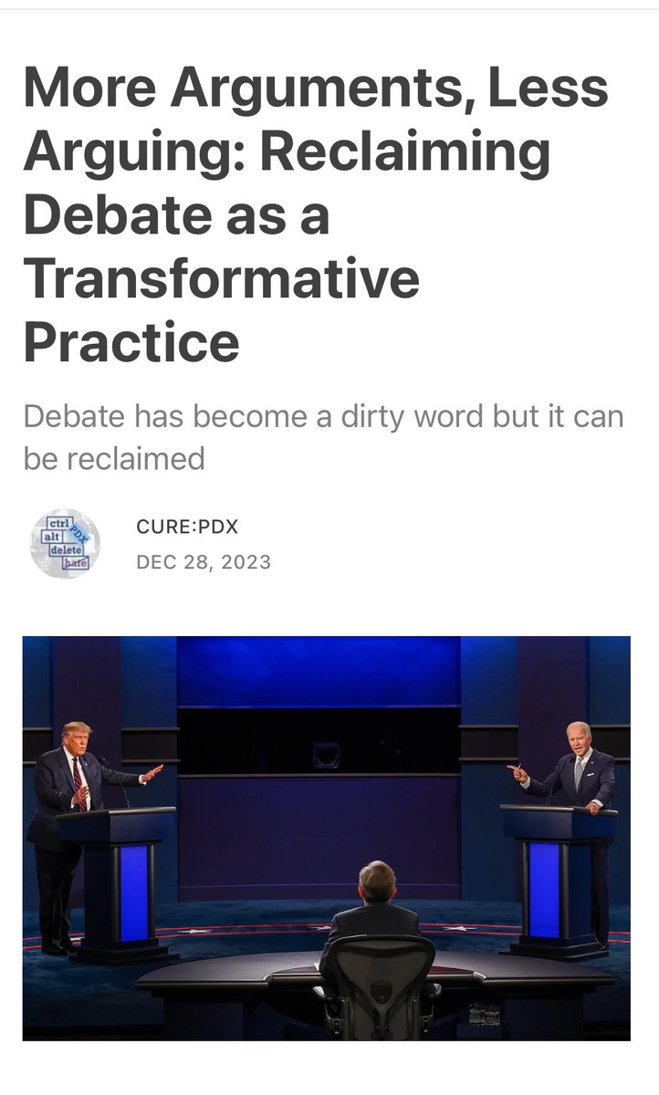 Debate doesn’t have to be performative &amp; inciting. <a href="/NakadeRyan/">Ryan Nakade (the Goat Guy)</a> on the potential of debate &amp; how to harness it: open.substack.com/pub/curepdx/p/…