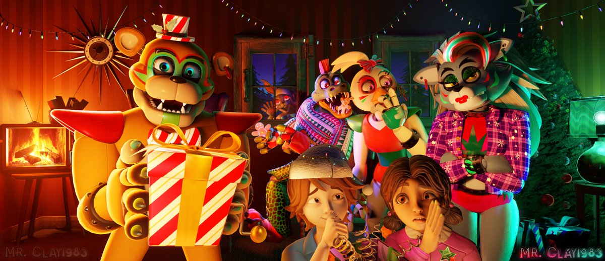 MrClay1983's tweet photo. “I told you! She doesn’t like plaid!”

I’m very late to this but here’s my 2023 holiday poster! I had fun making this &amp; love using the SB cast for more lighthearted stuff. Hope you all like it &amp; have a great remainder of your holiday season! :)🎄🌟

#fnaf #fnafsecuritybreach https://t.co/WuEvKHBKWD