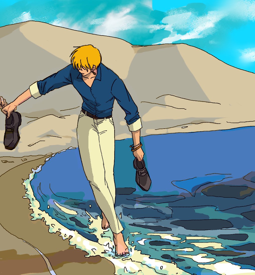 sanji (one piece) 1boy male focus blonde hair solo holding holding shoes shirt  illustration images