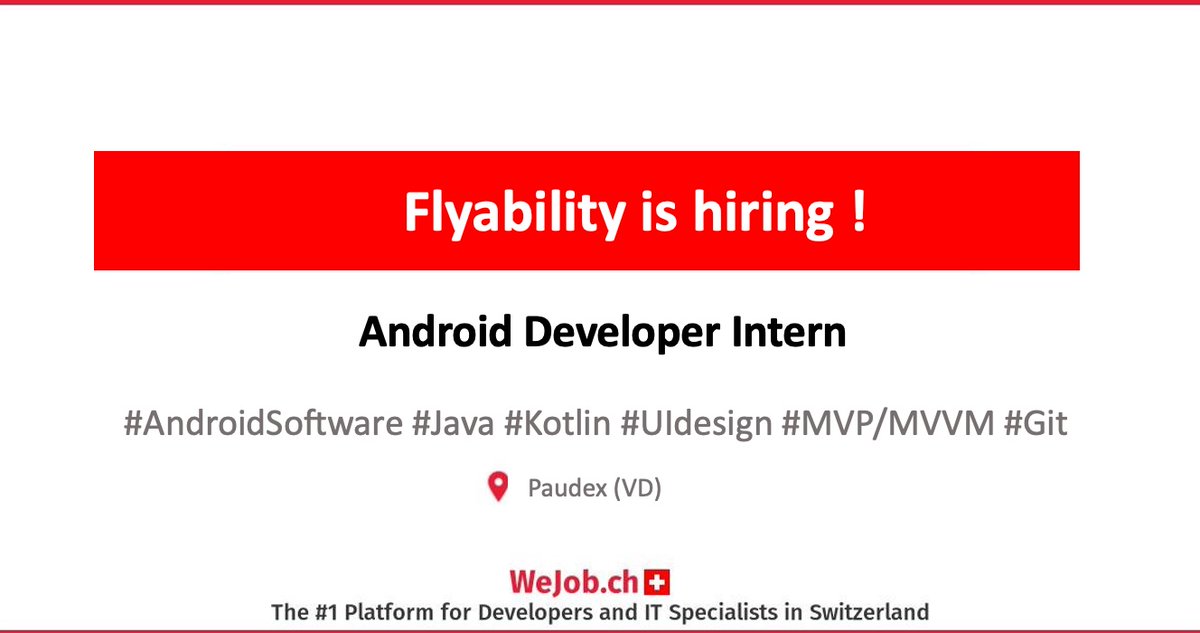 WeJobCH's tweet image. Flyability is looking for an Android Developer Intern📍Paudex (VD)📍Switzerland
🛠️#AndroidSoftware #Java #Kotlin #UIdesign #MVP/MVVM #Git
💡Find the best Developers and IT Jobs on WeJob.ch
#WeJob #switzerland #ITJobs
Link for apply :
wejob.ch/company/flyabi…