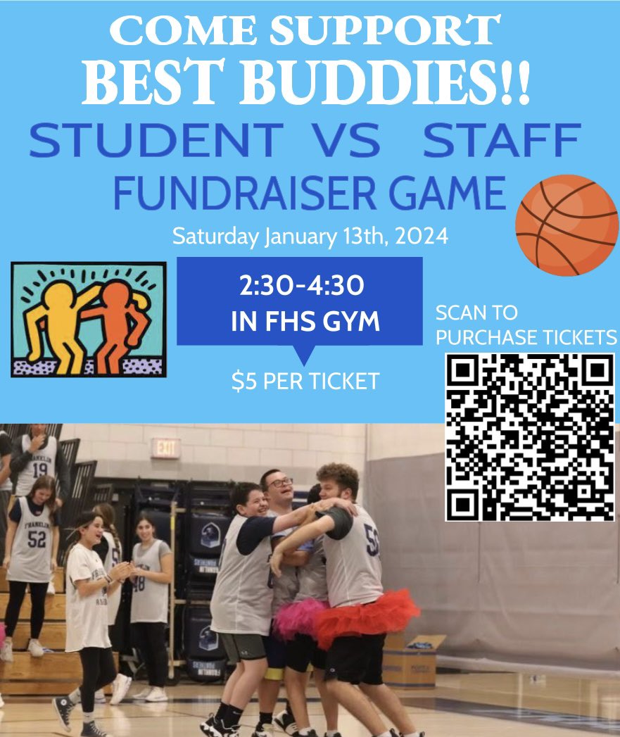 Our student vs staff 🏀 fundraiser game will be held on Saturday, January 13th! Scan the QR code or use the link to get tickets: unipaygold.unibank.com/transactioninf… 
Please share this post with friends/family!
<a href="/FranklinUnified/">FHSUnifiedSports</a> <a href="/FHSPantherbook/">Pantherbook</a> <a href="/FranklinPSNews/">Franklin Public Schools, MA</a> <a href="/FranklinHS/">FranklinHighSchool</a>