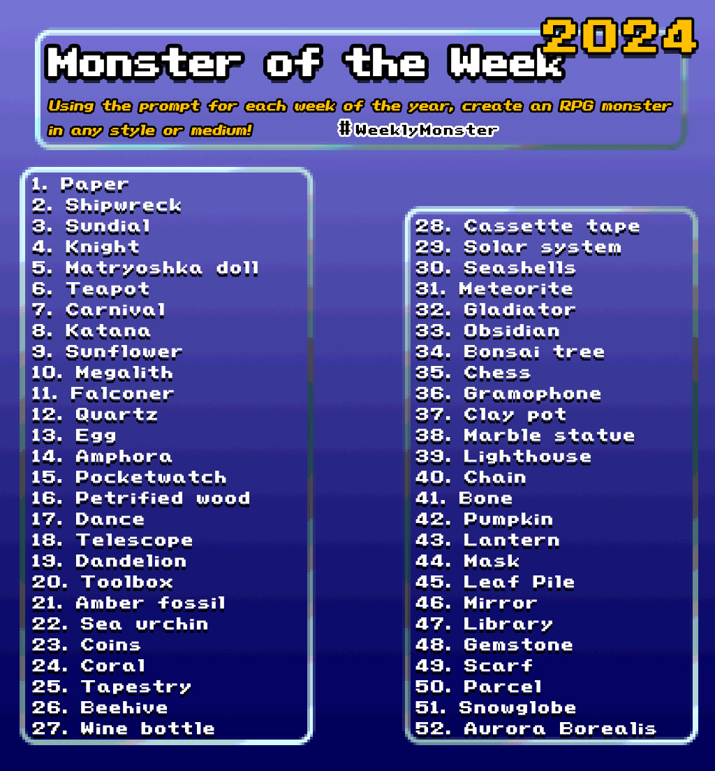 bootleg_bird's tweet photo. You've encountered a new drawing challenge! For each week of 2024, create an RPG monster using the prompt for that week! It can be any style or medium, and be sure to use the tag #WeeklyMonster so we can all enjoy! https://t.co/EJZSG5vYCr