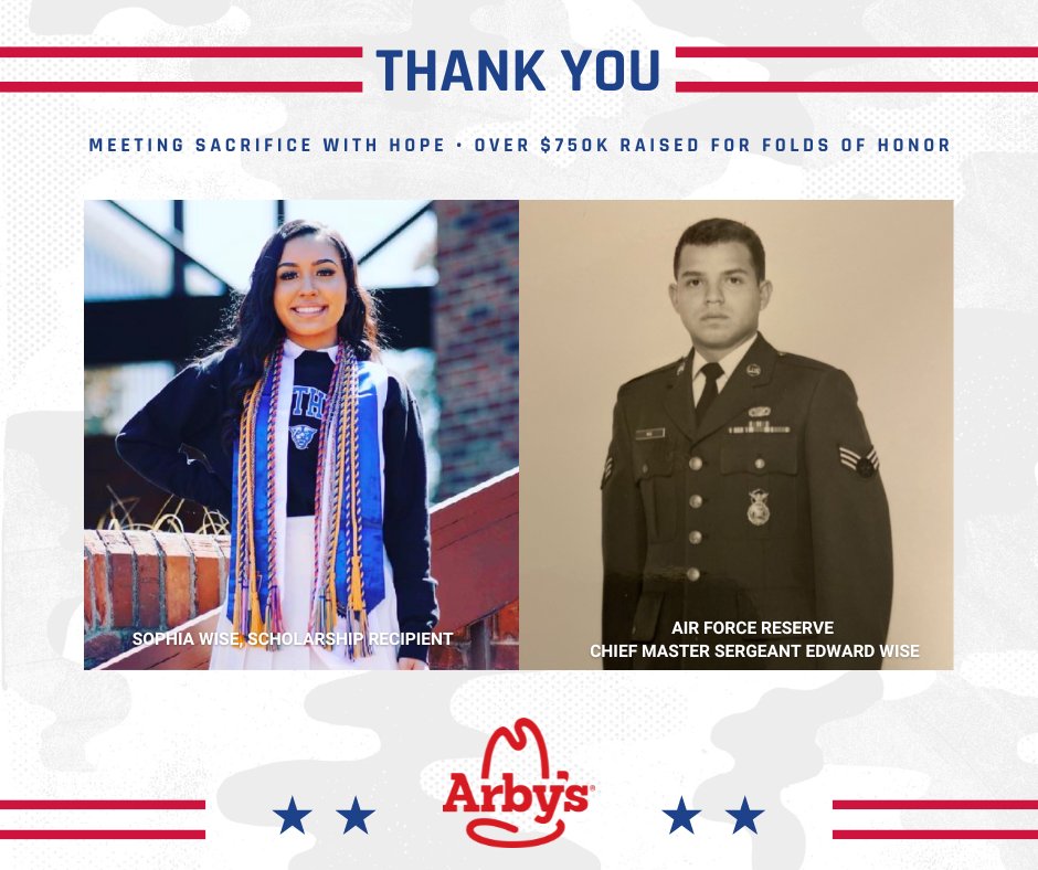 Folds of Honor (@foldsofhonor) on Twitter photo We are incredibly grateful for <a href="/ArbysFoundation/">Arby's Foundation</a>'s $750,000 donation this year! Thanks to their generosity, we can provide 150 life-changing scholarships to the legacies of American heroes. These funds will empower recipients like Sophia Wise to pursue their educational dreams. We are incredibly grateful for <a href="/ArbysFoundation/">Arby's Foundation</a>'s $750,000 donation this year! Thanks to their generosity, we can provide 150 life-changing scholarships to the legacies of American heroes. These funds will empower recipients like Sophia Wise to pursue their educational dreams.