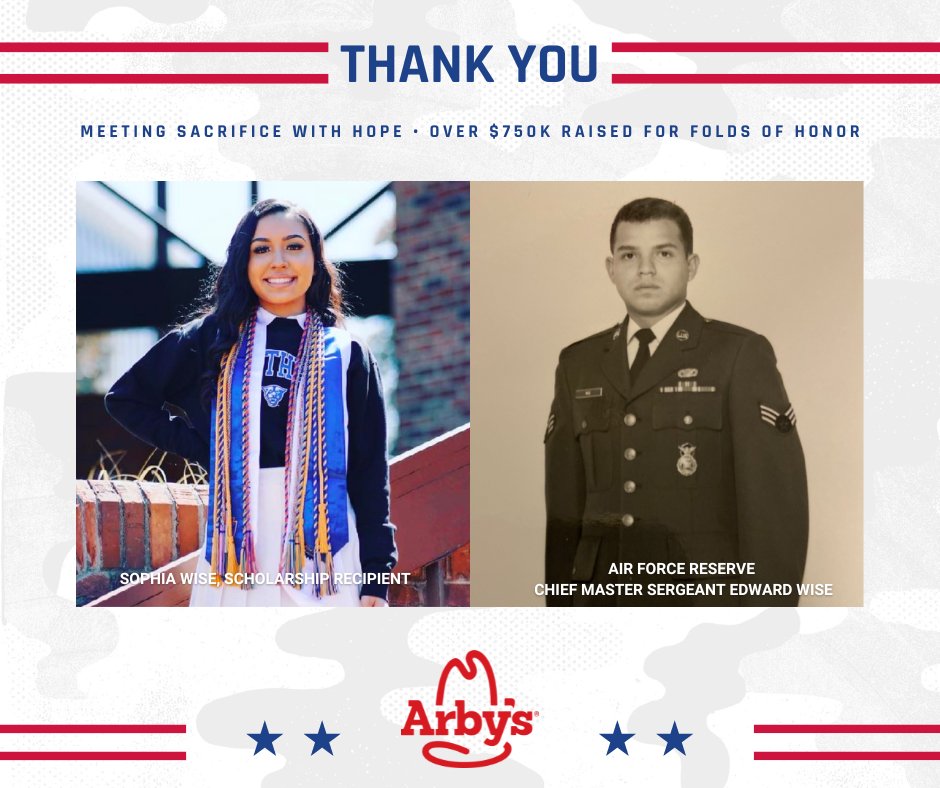 We are incredibly grateful for @ArbysFoundation's $750,000 donation this year! Thanks to their generosity, we can provide 150 life-changing scholarships to the legacies of American heroes. These funds will empower recipients like Sophia Wise to pursue their educational dreams.