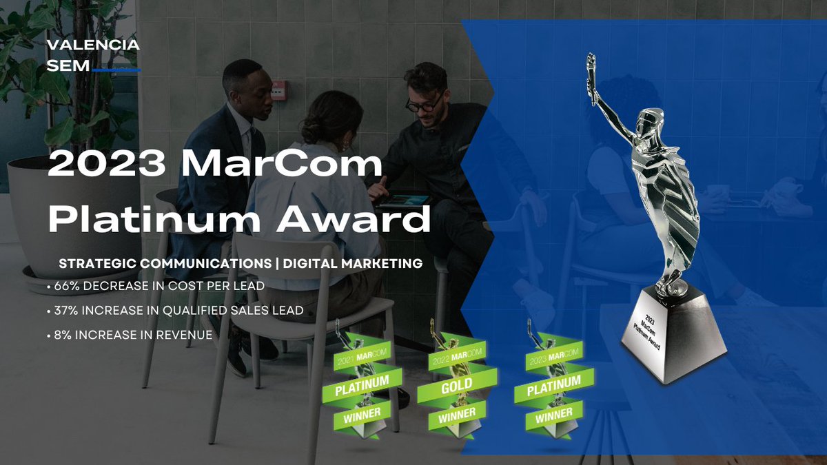 ValenciaSEM's tweet photo. Despite the ups and downs of 2023, we managed to overcome challenges and achieve a notable accomplishment: securing our second platinum award from Marcom, marking our third consecutive year of award-winning success. https://t.co/V7UtigTeSM