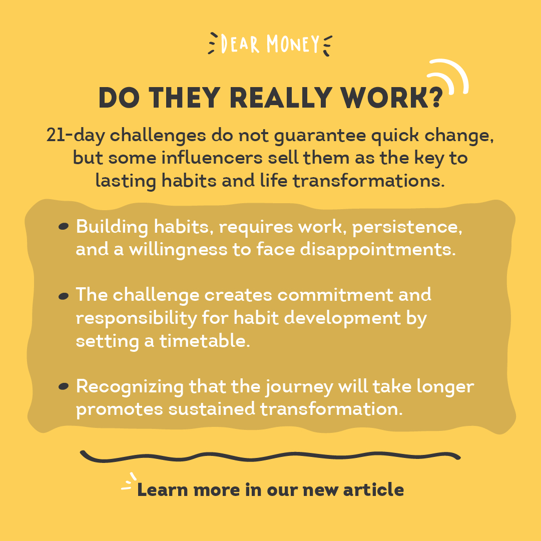 Motivational speakers & life coaches make them seem too easy… but are they 🤔? Far from magic solutions, 21-day challenges can change your life with new habits 🥗🏋️‍♀️✨. Learn more here bit.ly/48yplYr

#DearMoney #GoodHabits #NewHabits #CreatingNewHabits #ChangingHabits