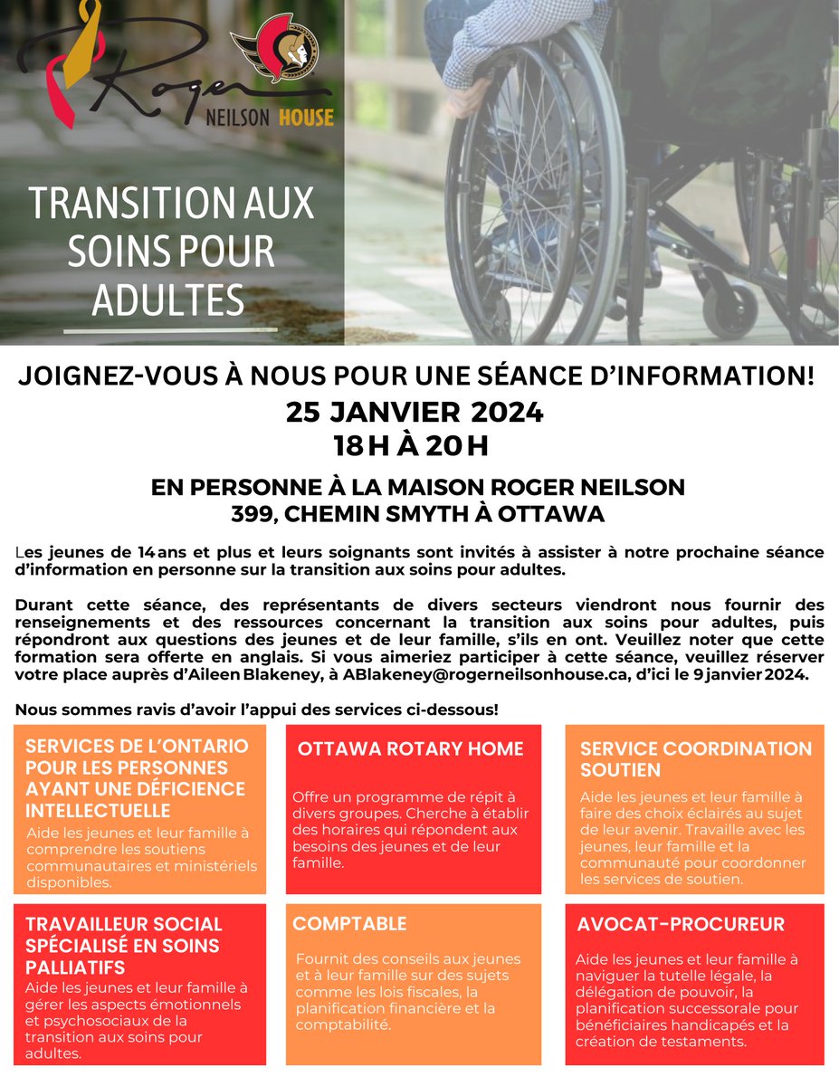 Roger Neilson Children's Hospice (@rneilsonch) on Twitter photo Is your child 14 years or older? Then this info session on Transitioning to Adult Care might be for both of you! Check out the information below. Please RSVP by January 9th 2024. Informations en français dans l'affiche ci-dessous.
<a href="/KidsComeFirstHT/">Kids Come First Health Team</a> <a href="/CHEO/">CHEO Ottawa</a> Is your child 14 years or older? Then this info session on Transitioning to Adult Care might be for both of you! Check out the information below. Please RSVP by January 9th 2024. Informations en français dans l'affiche ci-dessous.
<a href="/KidsComeFirstHT/">Kids Come First Health Team</a> <a href="/CHEO/">CHEO Ottawa</a>