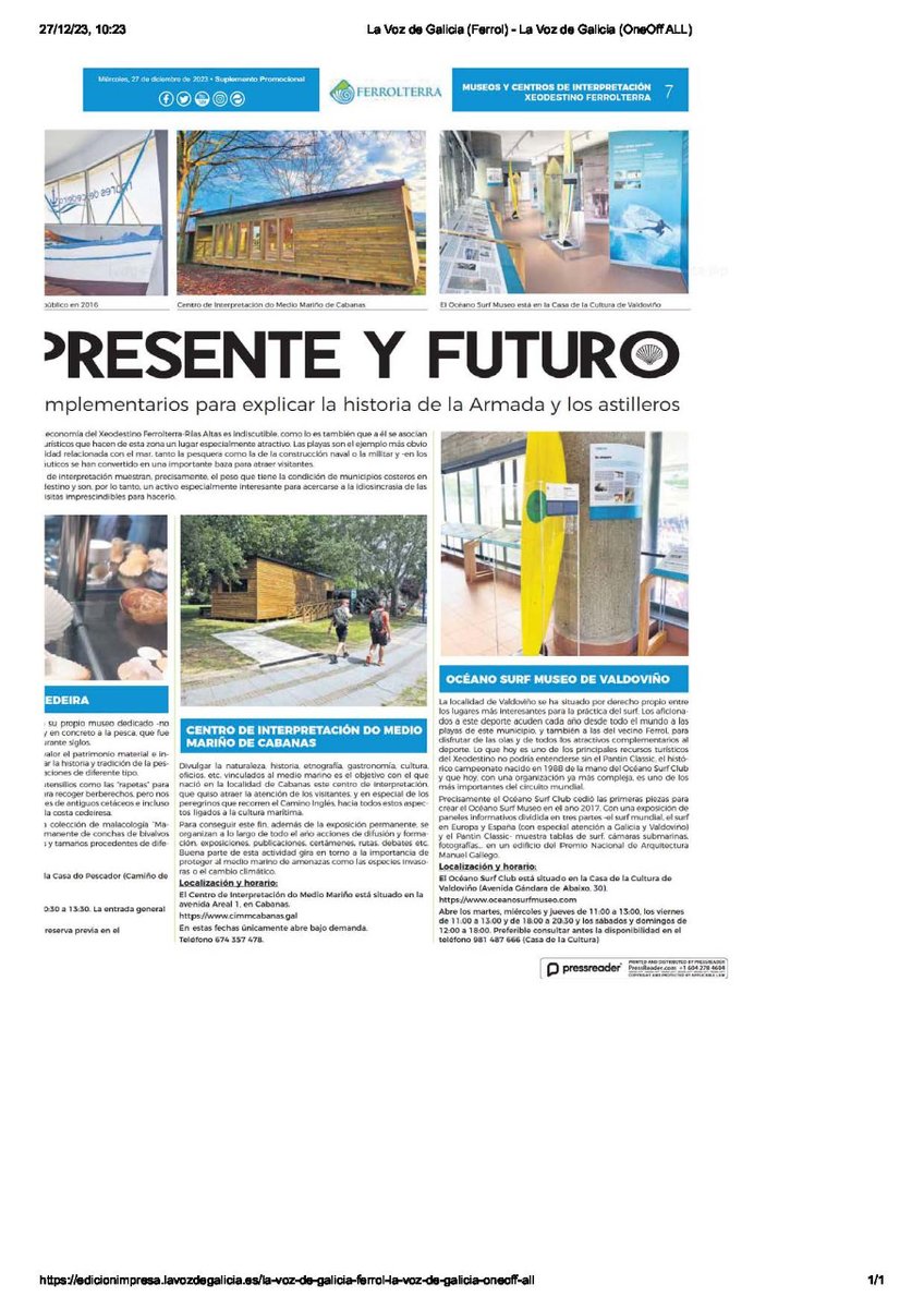 Fundación EXPONAV (@exponav) on Twitter photo 🌊En las páginas de los museos del mar en el especial de <a href="/vozferrol/">La Voz de Ferrol</a> sobre los museos y centros de interpretación del Xeodestino Ferrolterra compartimos espacio con Museo Naval, Mares de Cedeira, <a href="/oceanosurfmuseo/">oceanosurfmuseo</a> y Centro de Intpretación do Medio Mariño de Cabanas
<a href="/LoveFerrolterra/">Turismo Ferrolterra-Rías Altas</a> 🌊En las páginas de los museos del mar en el especial de <a href="/vozferrol/">La Voz de Ferrol</a> sobre los museos y centros de interpretación del Xeodestino Ferrolterra compartimos espacio con Museo Naval, Mares de Cedeira, <a href="/oceanosurfmuseo/">oceanosurfmuseo</a> y Centro de Intpretación do Medio Mariño de Cabanas
<a href="/LoveFerrolterra/">Turismo Ferrolterra-Rías Altas</a>