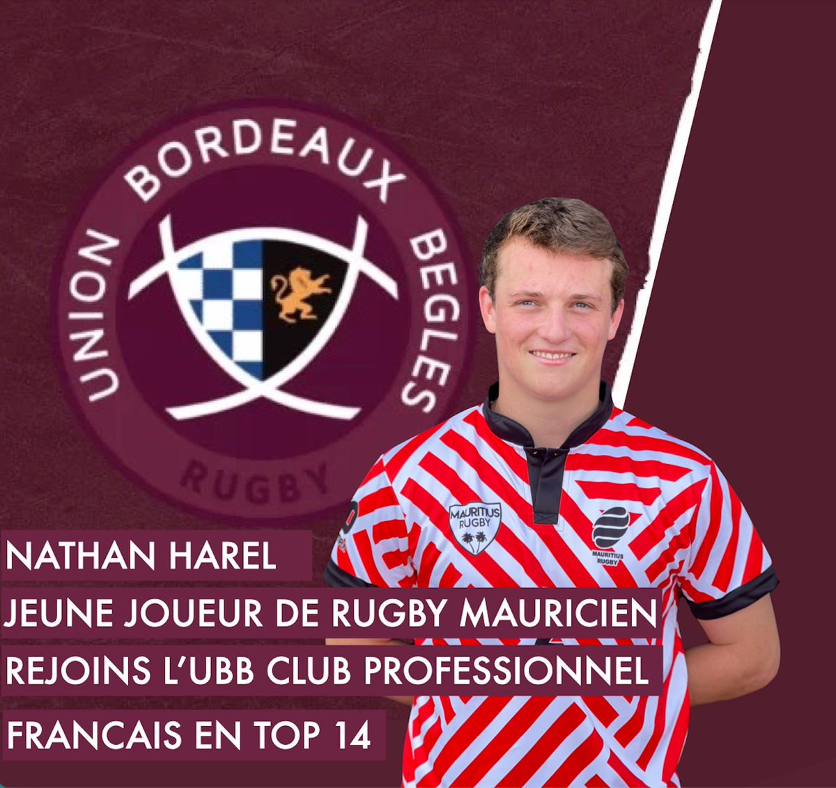 Un de nos jeunes joueurs Nathan Harel formé sur l’Ile Maurice 🇲🇺 a rejoins le club professionnel français de rugby de @ubbrugby en septembre. Une immense fierté pour son club formateur et le rugby mauricien:) #mauritiusrugby