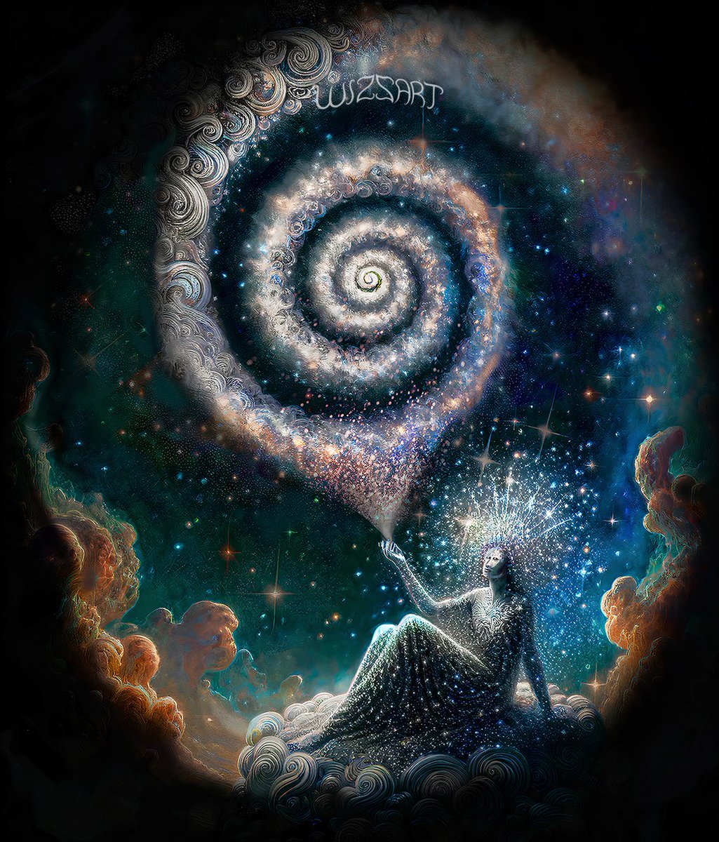 With whispers soft as nebulae's embrace,
She calls to every distant space,
Where stars are born and fates entwine,
In her presence, the heavens align.

Her cloak of midnight, laced with stars,
Sweeps across the void within &amp; far out.
In her wake, the galaxies spiral,
A celestial