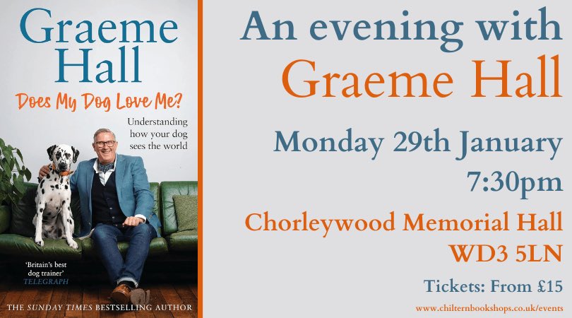 I’m thrilled to be heading back to @CWBookshop once again, this time bringing you ‘An evening with Graeme Hall’. Join me as I share my new book with you ‘Does My Dog Love Me?’ Mon 29th January 7.30pm. Book now - chilternbookshops.co.uk/event/an-eveni… @EburyPublishing #newbook #dogs