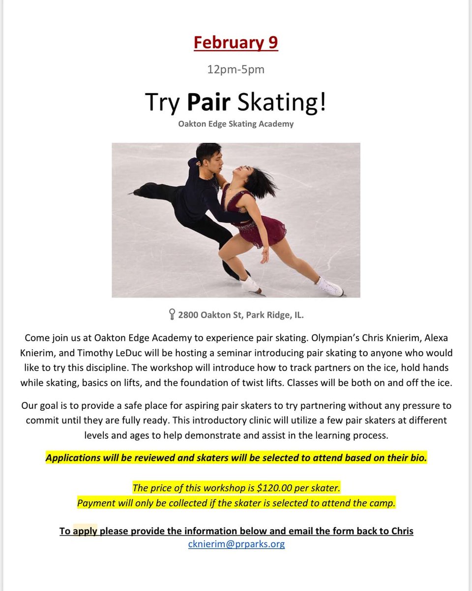 Oakton Edge Skating Academy is hosting a Try Pairs Skating Clinic on February 9th in Park Ridge, IL.